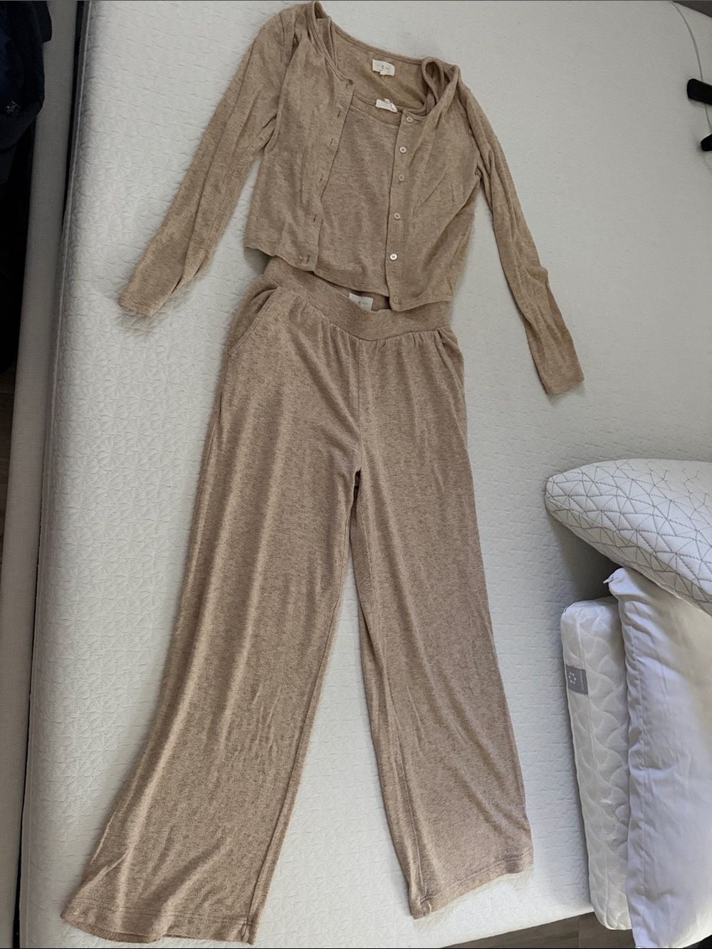 Beige Wide-Leg Knit Lounge Pants Set w/ Cardigan & Tank — Relaxed Fit